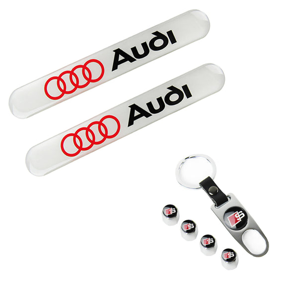 AUDI Set LOGO Emblems with Silver SLINE Keychain Tire Wheel Valves Air Caps - US SELLER