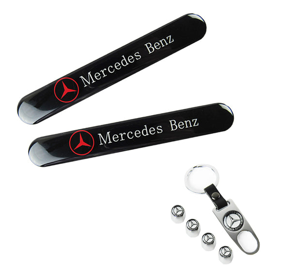 Mercedes-Benz LOGO Set Black Emblems with Silver Wheel Tire Valves Air Caps Keychain - US SELLER