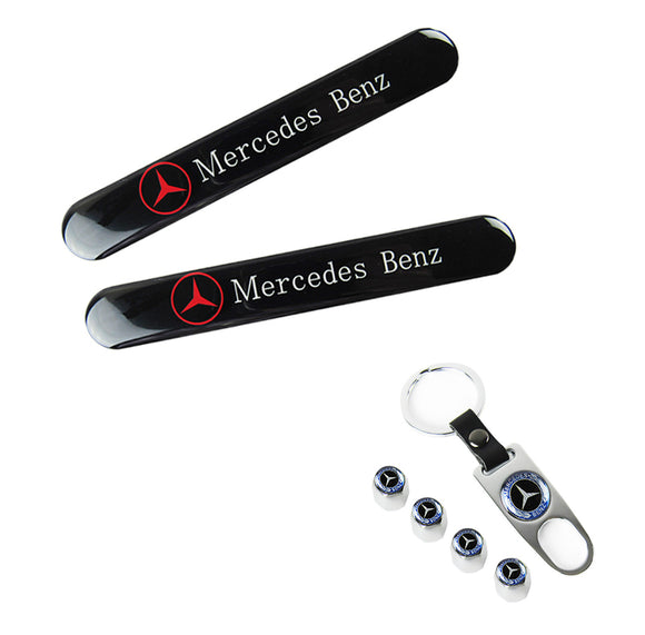 Mercedes-Benz LOGO Set Black Emblems with Silver Keychain Wheel Tire Valves Air Caps - US SELLER