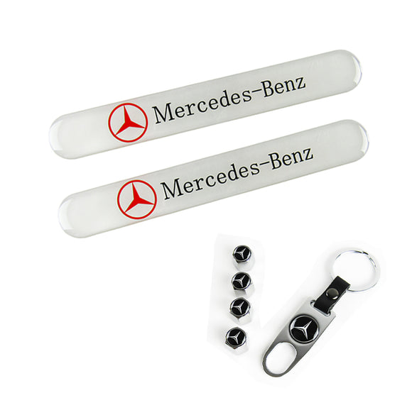 Mercedes-Benz Set White LOGO Emblems with Silver Wheel Tire Valves Air Caps Keychain - US SELLER
