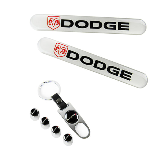 DODGE Set LOGO Emblems with Silver Wheel Tire Valves Air Caps Keychain - US SELLER