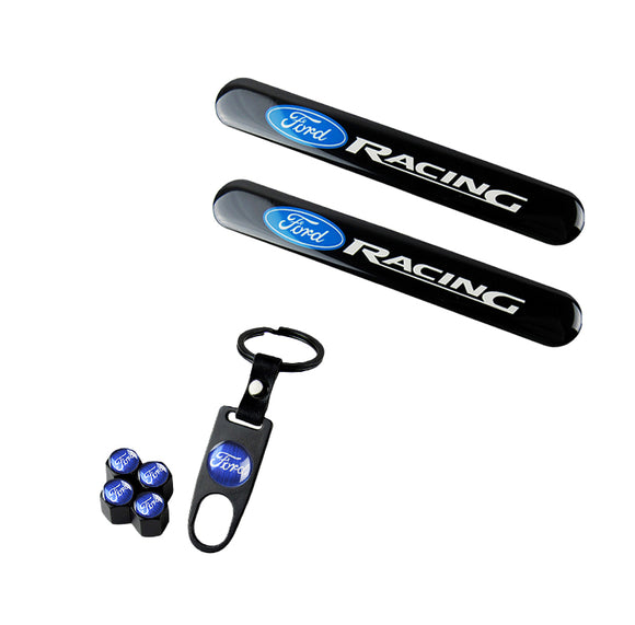 FORD Racing Black LOGO Set Emblems with Wheel Tire Valves Air Caps Keychain - US SELLER