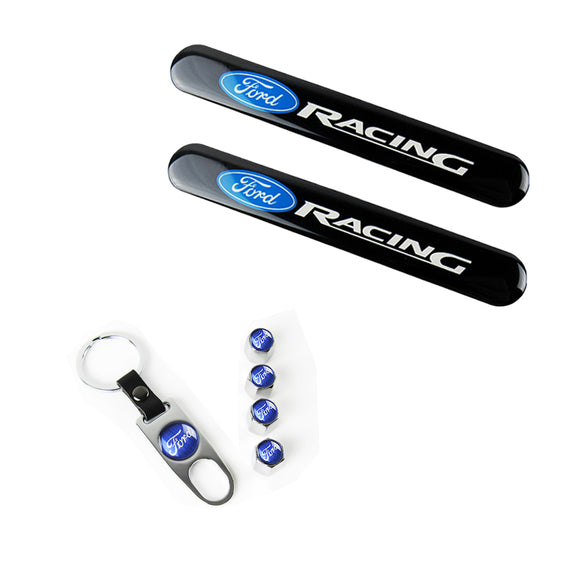 FORD Racing Set LOGO Emblems with Silver Keychain Wheel Tire Valves Air Caps - US SELLER