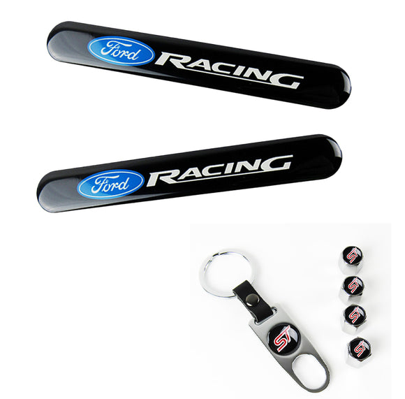 Ford Racing ST Set LOGO Emblems with Silver Keychain Tire Wheel Valves Air Caps - US SELLER