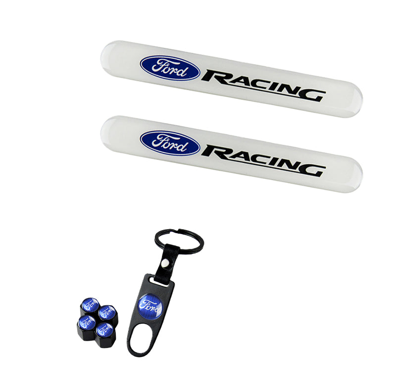 FORD Racing LOGO Set Emblems with Black Tire Wheel Valves Air Caps Key ...