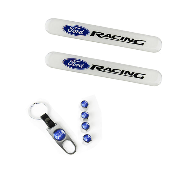 FORD Racing Set LOGO Emblems with Silver Tire Wheel Valves Air Caps Keychain - US SELLER