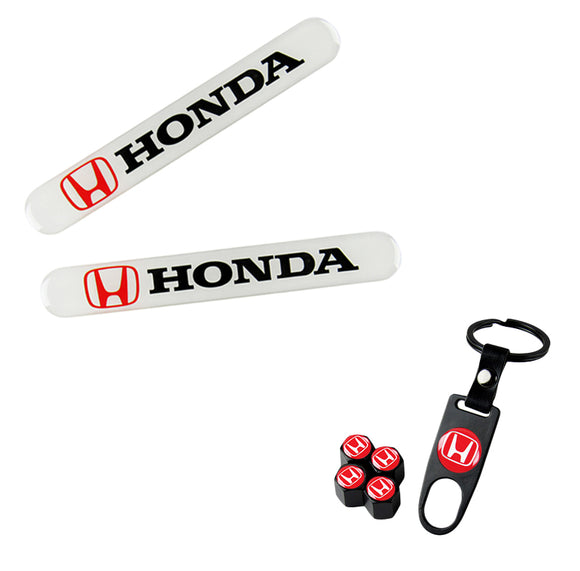 HONDA Set LOGO Emblems with Black Tire Wheel Valves Air Caps Keychain - US SELLER