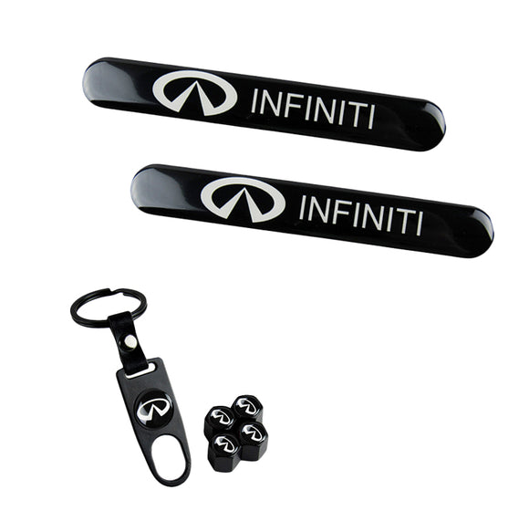 INFINITI Set LOGO Emblems with Black Tire Wheel Valves Air Caps Keychain - US SELLER