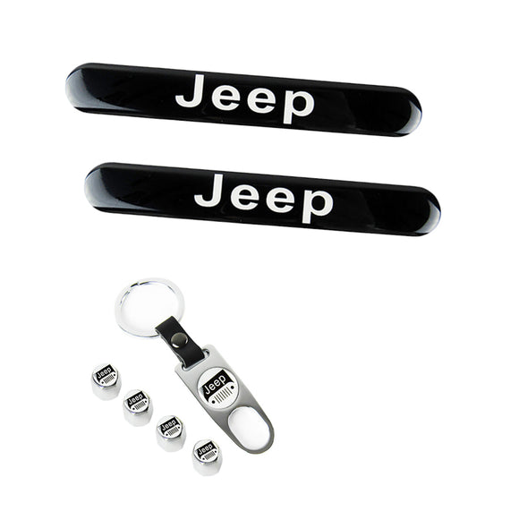 JEEP LOGO Set Emblems with Silver Keychain Wheel Tire Valves Air Caps - US SELLER