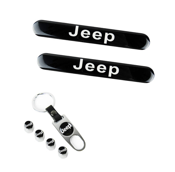 JEEP Set LOGO Black Emblems with Silver Tire Wheel Valves Air Caps Keychain - US SELLER