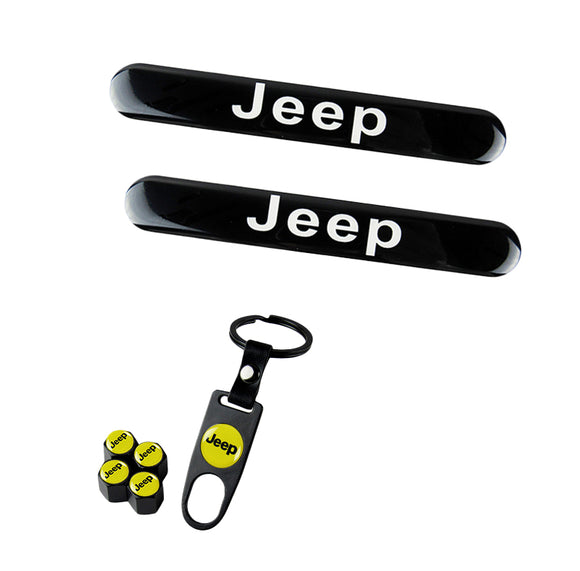 JEEP LOGO Set Emblems with Black Wheel Tire Valves Air Caps Keychain - US SELLER