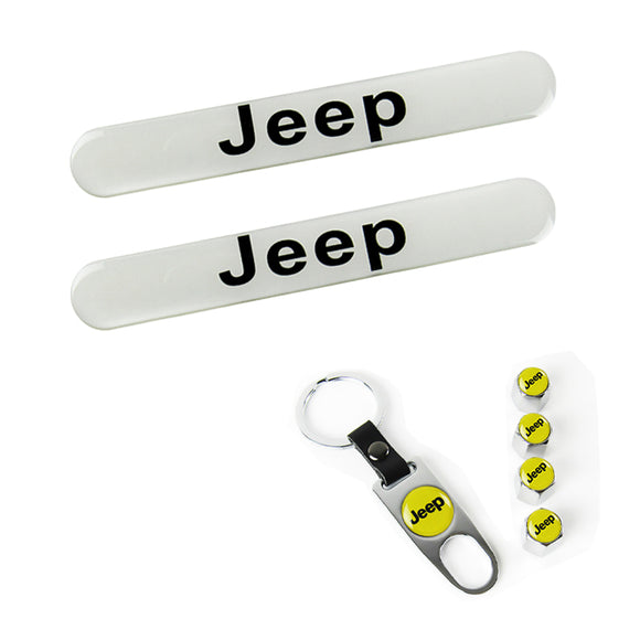 JEEP LOGO Set Emblems with Silver Wheel Tire Valves Air Caps Keychain - US SELLER