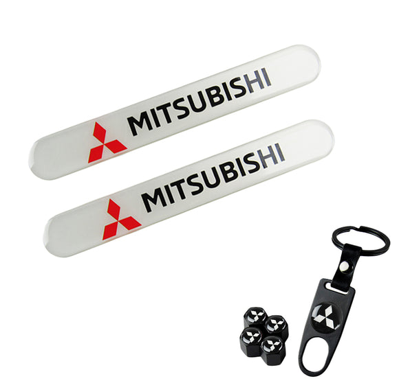 MITSUBISHI Set LOGO Emblems with Black Keychain Wheel Tire Valves Air Caps - US SELLER