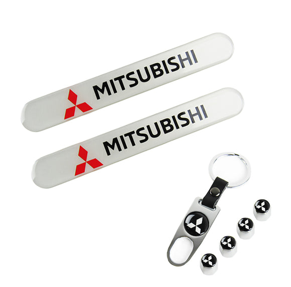 MITSUBISHI Set LOGO Emblems with Silver Wheel Tire Valves Air Caps Keychain - US SELLER