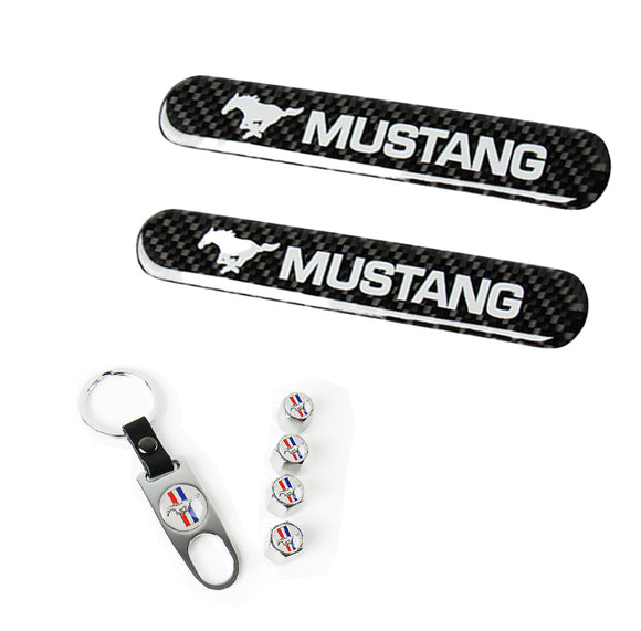 Ford Mustang Set LOGO Emblems with Silver Tire Valves Wheel Air Caps Keychain - US SELLER