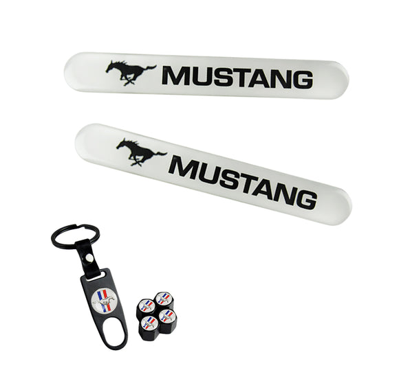 Ford Mustang Set LOGO Emblems with Black Keychain Wheel Tire Valves Air Caps - US SELLER