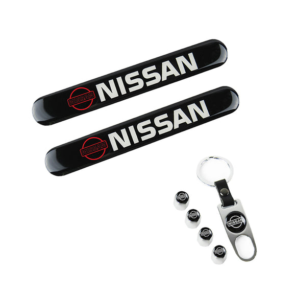 NISSAN Set LOGO Emblems with Silver Tire Valves Wheel Air Caps Keychain - US SELLER