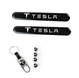 TESLA Set LOGO Emblems with Silver Tire Valves Wheel Air Caps Keychain - US SELLER