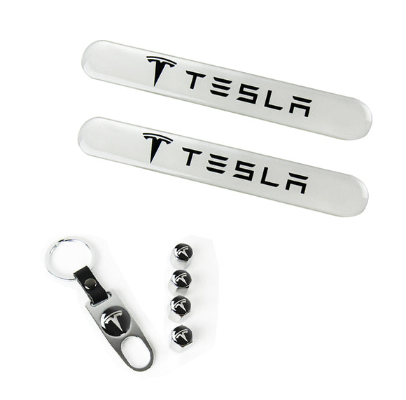TESLA Set LOGO Emblems with Silver Keychain Tire Valves Wheel Air Caps - US SELLER