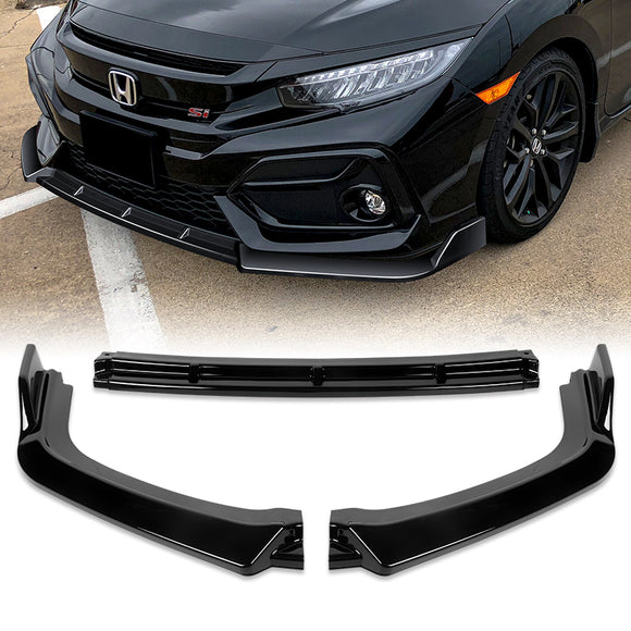 For 2017-2021 Honda Civic Si Coupe Sedan 3-PCS  Painted Black Front Bumper Spoiler Lip