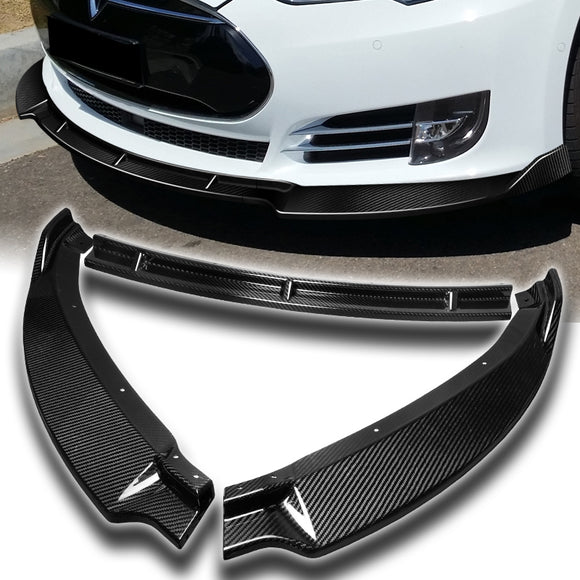 For 2012-2016 Tesla Model S 3-PCS  Real Carbon Fiber Front Bumper Splitter Spoiler Lip