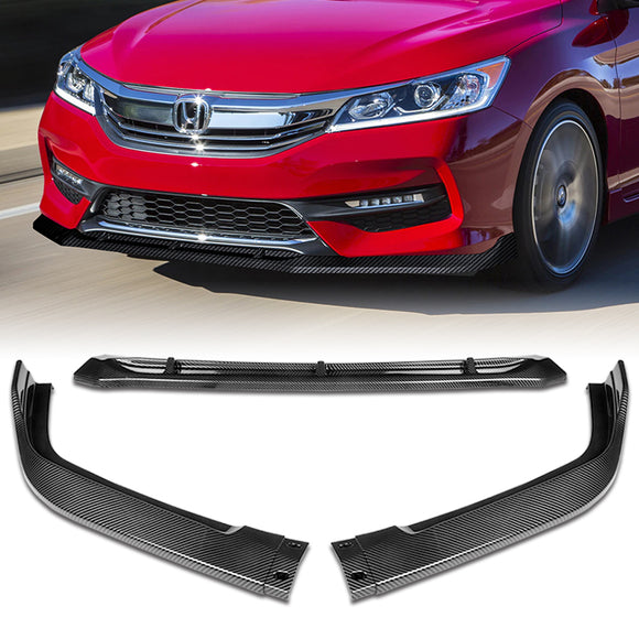 For 2016-17 Honda Accord Sedan Painted Carbon Look STP-Style 3-Piece Front Bumper Body Spoiler Splitter Lip Kit