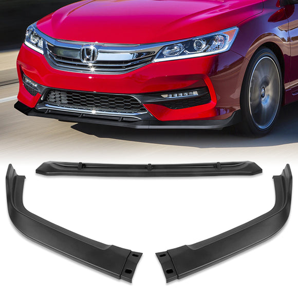 For 2016-17 Honda Accord Sedan Matte Black STP-Style 3-Piece Front Bumper Body Spoiler Splitter Lip Kit