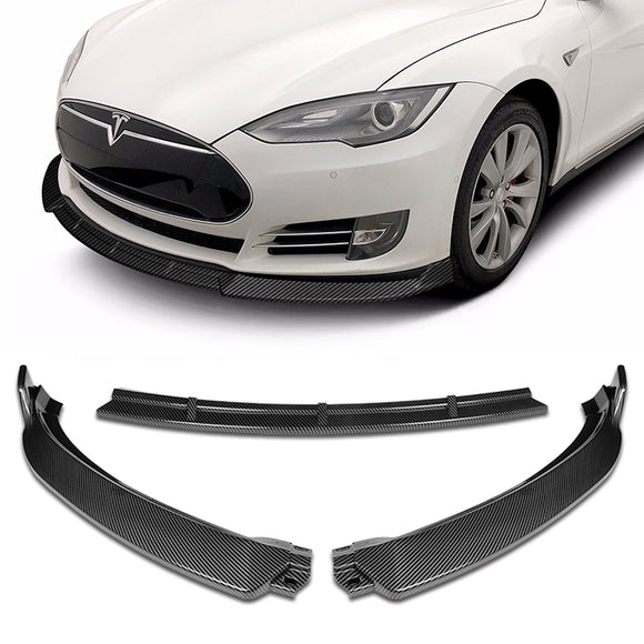 For 2012-2016 Tesla Model S V2 3-PCS  Carbon Look Front Bumper Splitter Spoiler Lip