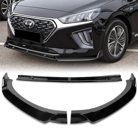 For 2017-2022 Hyundai IONIQ STP-Style Painted Black 3-Piece Front Bumper Body Spoiler Splitter Lip Kit with Windshield Banner Combo