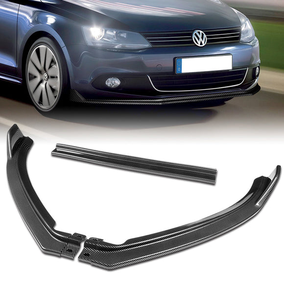 2011 - 2014 Volkswagen VW Jetta Carbon Look 3-Piece Front Bumper Body Spoiler Splitter Lip Kit with Vanity Mirror Lights Set