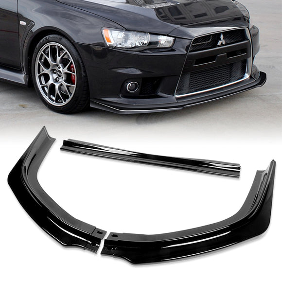 2008-2015 Mitsubishi Evolution X R-Style Painted Black 3-Piece Front Bumper Body Spoiler Splitter Lip Kit with Lanyard Set