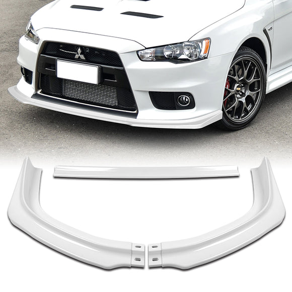 2008-2015 Mitsubishi Evolution X R-Style Painted White 3-Piece Front Bumper Body Spoiler Splitter Lip Kit with Lanyard Set