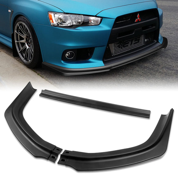 2008-2015 Mitsubishi Evolution X R-Style Unpainted Black 3-Piece Front Bumper Body Spoiler Splitter Lip Kit with Lanyard Set