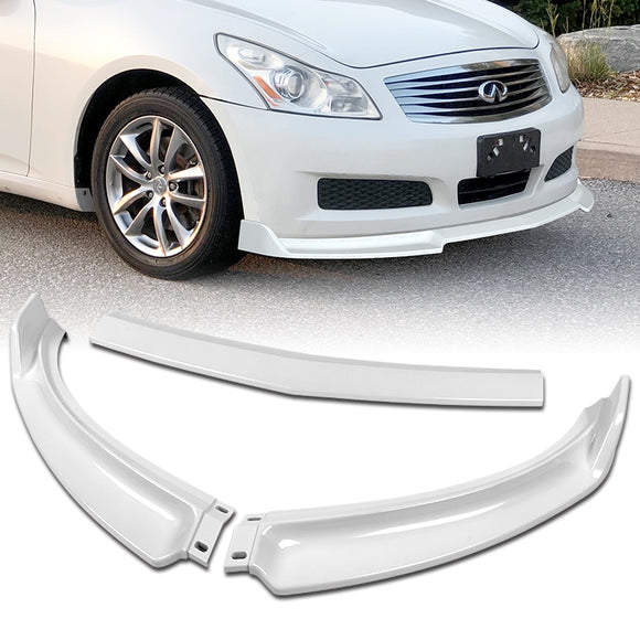 2007-2009 Infiniti G35 G37 4DR GT-Style Painted White 3-Piece Front Bumper Body Spoiler Splitter Lip Kit with Metal Emblems Set