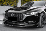 2019-2021 Mazda 3 Mazda3 Painted Black 3-Piece Front Bumper Body Spoiler Splitter Lip Kit with Carbon Fiber Emblem