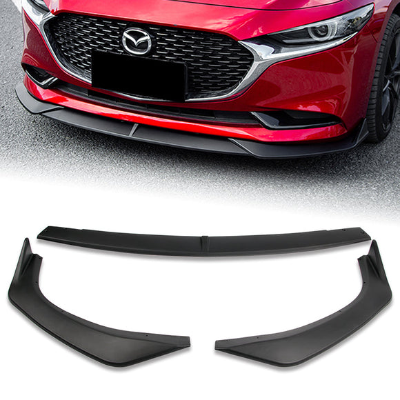 2019-2021 Mazda 3 Mazda3 Unpainted Matte Black 3-Piece Front Bumper Body Spoiler Splitter Lip Kit with Carbon Fiber Emblem