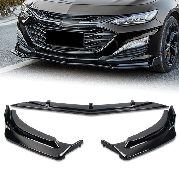 2019-2021 Chevrolet Malibu Painted Black 3-Piece Front Bumper Body Spoiler Splitter Lip Kit with Vinyl Decal