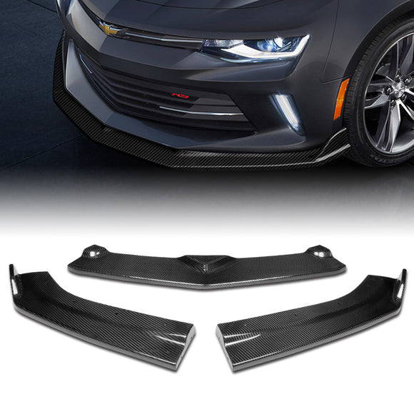 2016-2018 Chevy Camaro Real Carbon Fiber ZL1 Style 3-Piece Front Bumper Body Spoiler Splitter Lip Kit with Vinyl Decal