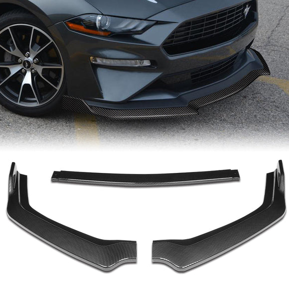 2018-2020 Ford Mustang Carbon Look GT Style 3-Piece Front Bumper Body Spoiler Splitter Lip Kit with LED Cup Holder Lights