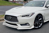 2017-2022 Infiniti Q60 Coupe Painted White V-Style 3-Piece Front Bumper Body Spoiler Splitter Lip Kit with Metal Badge Emblems Set