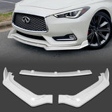 2017-2022 Infiniti Q60 Coupe Painted White V-Style 3-Piece Front Bumper Body Spoiler Splitter Lip Kit with Metal Badge Emblems Set