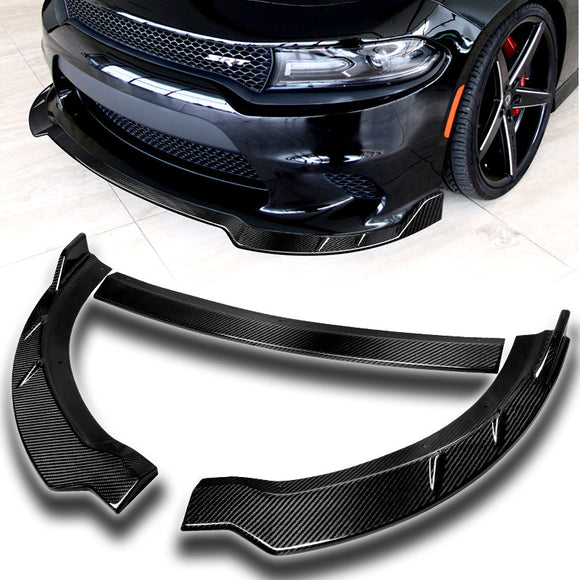 2015-2021 Dodge Charger Real Carbon Fiber 3-Piece Front Bumper Body Spoiler Splitter Lip Kit with Metal Emblem Set