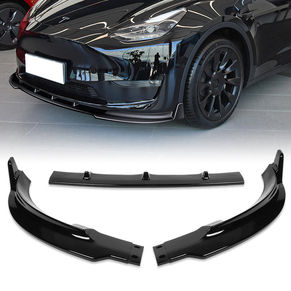 2020 - 2025 Tesla Model Y STP-Style Painted Black 3pcs Front Bumper Body Spoiler Splitter Lip Kit with 4 pcs Bolt Caps