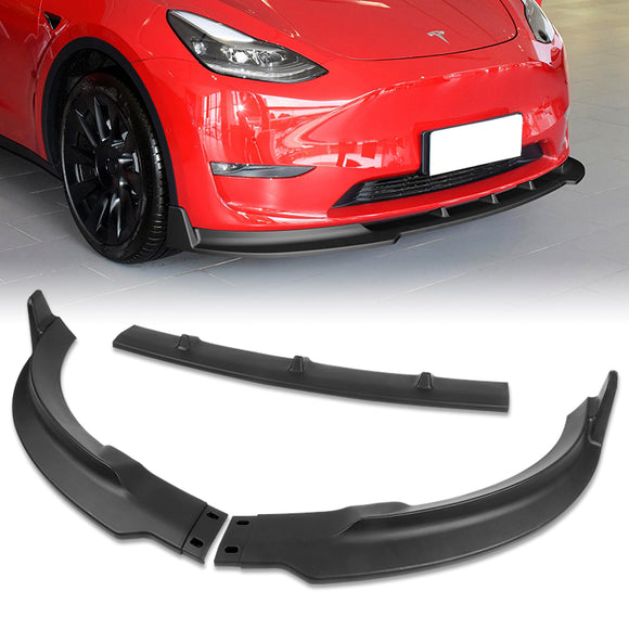 2020 - 2024 Tesla Model Y STP-Style Unpainted Black 3pcs Front Bumper Body Spoiler Splitter Lip Kit with 4 pcs Bolt Caps