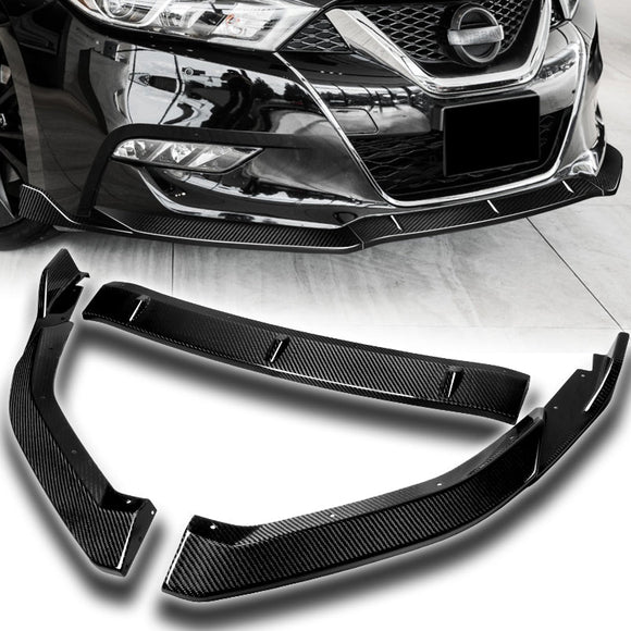 2016-2018 Nissan Maxima GT-Style Real Carbon Fiber 3-Piece Front Bumper Body Spoiler Splitter Lip Kit with Emblems