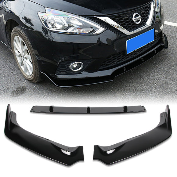 2016-2019 Nissan Sentra Painted Black 3-Piece Front Bumper Body Spoiler Splitter Lip Kit with Free Gift