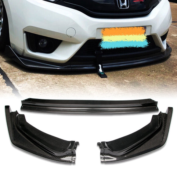 2014-2017 Honda Fit JDM Real Carbon Fiber 3-Piece Front Bumper Body Spoiler Splitter Lip Kit with Keychain Set
