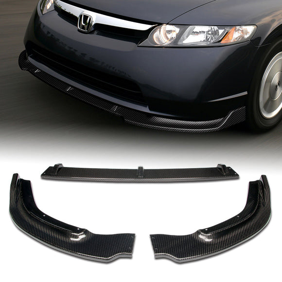 2006-2008 Honda Civic 4DR JDM CS-Style Real Carbon Fiber 3-Piece Front Bumper Body Spoiler Splitter Lip Kit with Windshield Banner