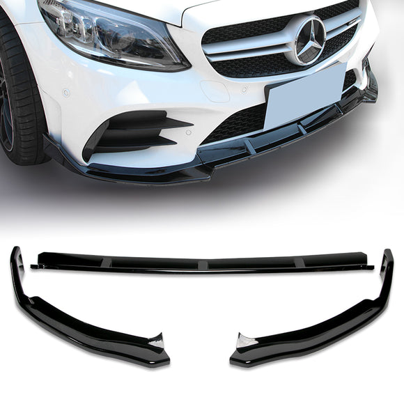 2019-2021 Mercedes W205 C-Class Painted Black 3-Piece Front Bumper Body Spoiler Splitter Lip Kit