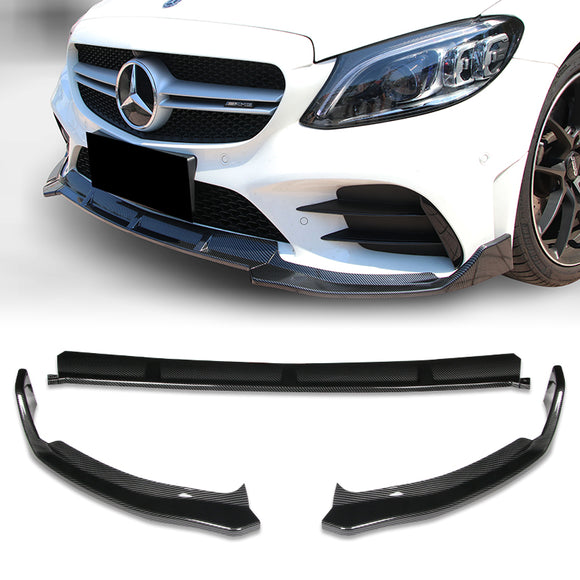 2019-2020 Mercedes W205 C-Class Carbon Style 3-Piece Front Bumper Body Spoiler Splitter Lip Kit with Keychain